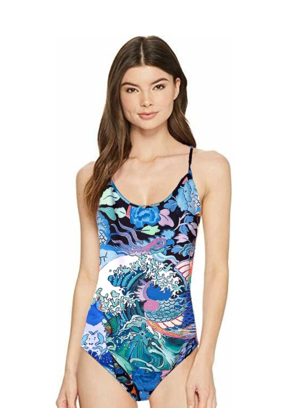 HALE BOB One-piece Swimsuit Lace-up Criss-Cross Back Sz L Black/Blue Multi